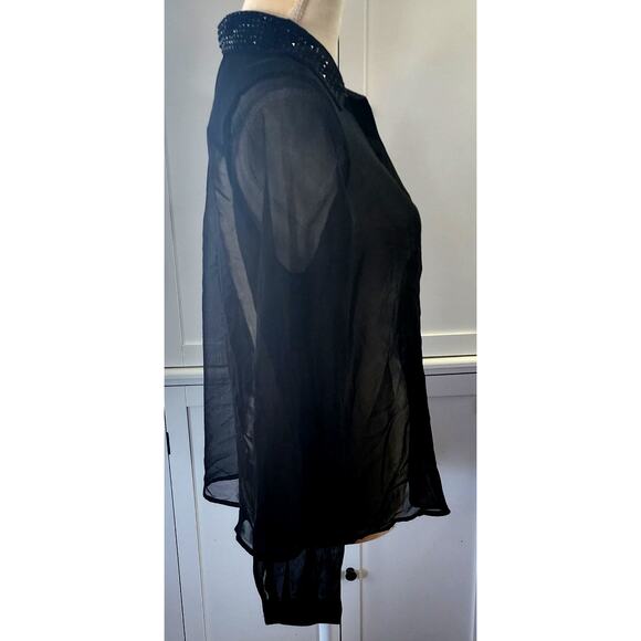 In Style Collection Women's Sheer Rhinestone Black Button Down Shirt Large - Picture 3 of 5